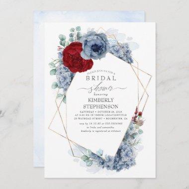 Dusty Blue and Burgundy Red Floral Bridal Shower Invitations