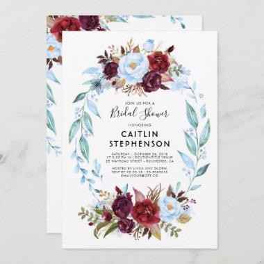Dusty Blue and Burgundy Red Flowers Bridal Shower Invitations