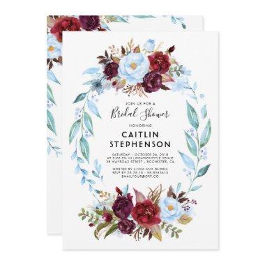 Dusty Blue and Burgundy Red Flowers Bridal Shower Invitations