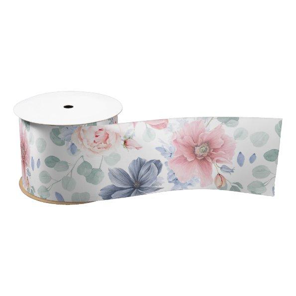 Dusty Blue and Dusty Rose Floral Botanical Pattern Satin Ribbon