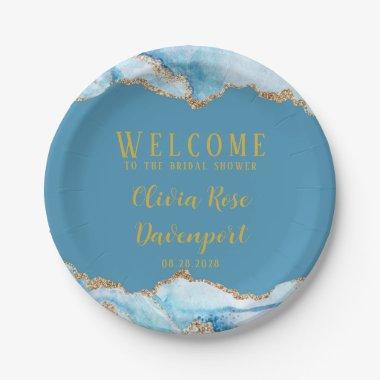 Dusty Blue and Gold Agate Custom  Paper Plates