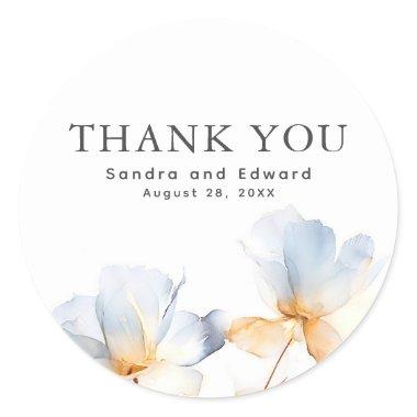 Dusty Blue and Gold Floral Modern Thank You Classic Round Sticker
