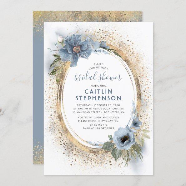 Dusty Blue and Gold Glitter Floral Bridal Shower Invitations