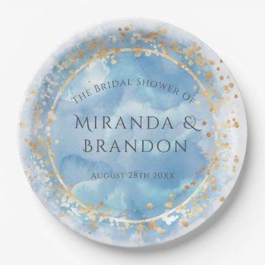 Dusty Blue and Gold Watercolor Bridal Shower Paper Plates