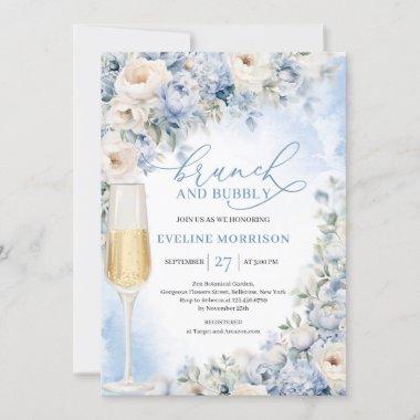 Dusty Blue and Ivory Flowers brunch and bubbly Invitations