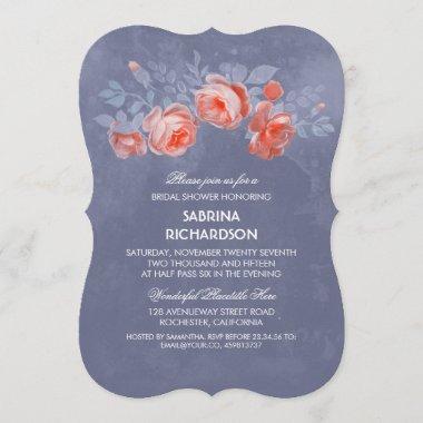 Dusty Blue and Living Coral Floral Bridal Shower Invitations