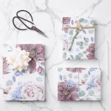 Dusty Blue and Mauve Flowers Botanical Pattern Wrapping Paper Sheets