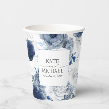 Dusty Blue and Navy Blue Floral Botanical Paper Cups