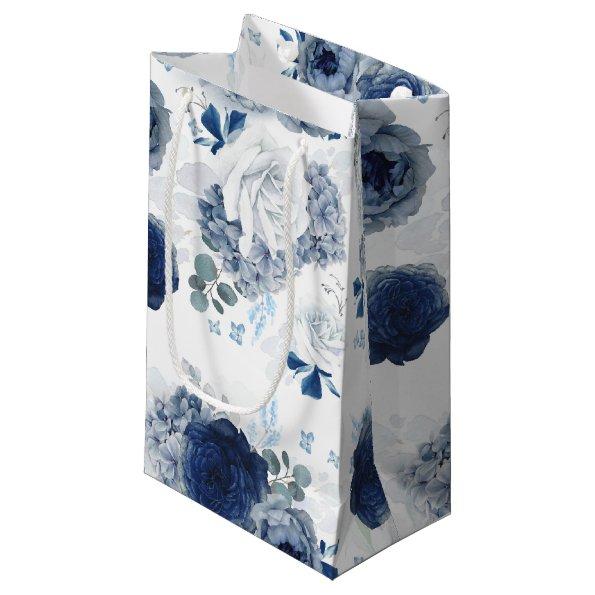 Dusty Blue and Navy Blue Flowers Elegant Botanical Small Gift Bag