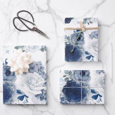 Dusty Blue and Navy Blue Flowers Elegant Botanical Wrapping Paper Sheets