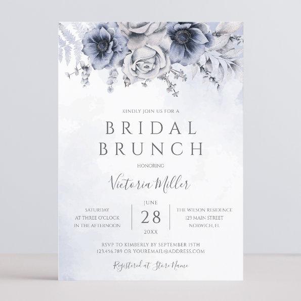 Dusty Blue And Navy Floral Elegant Bridal Brunch Invitations