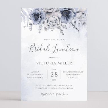 Dusty Blue And Navy Floral Elegant Bridal Luncheon Invitations