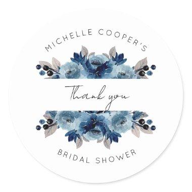 Dusty Blue and Navy Floral Thank You Classic Round Sticker