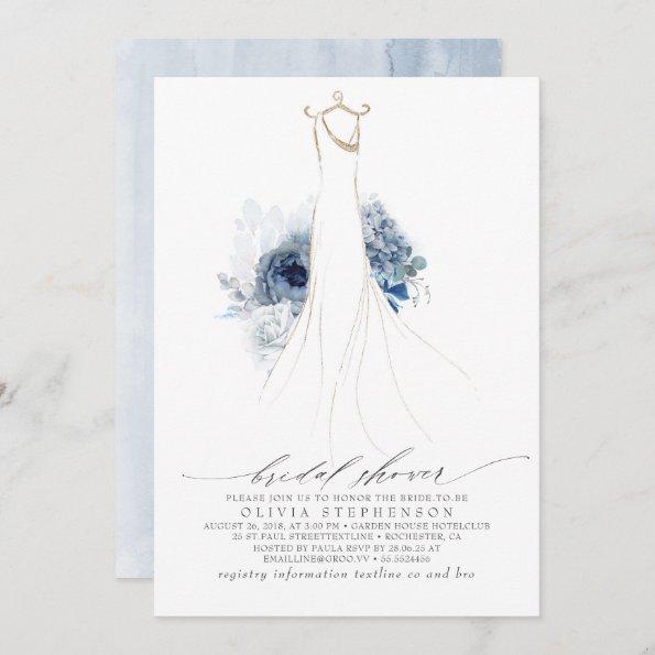 Dusty Blue and Navy Flowers Dress Bridal Shower Invitations