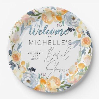 Dusty Blue and Peach Floral Bridal Shower Paper Plates