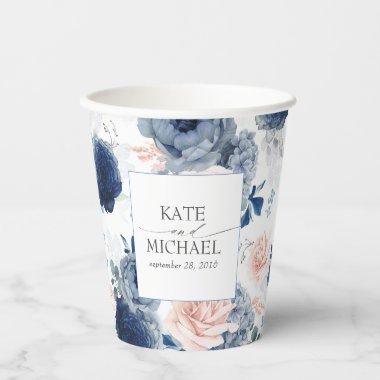 Dusty Blue and Pink Floral Botanical Pattern Paper Cups