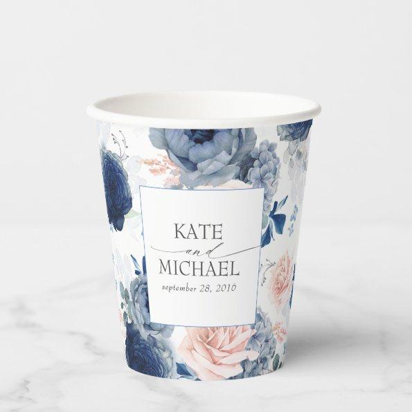 Dusty Blue and Pink Floral Botanical Pattern Paper Cups