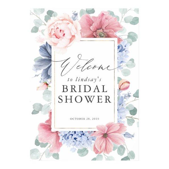 Dusty Blue and Pink Floral  Welcome Poster