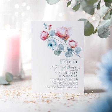 Dusty Blue and Pink Floral Elegant Bridal Shower Invitations
