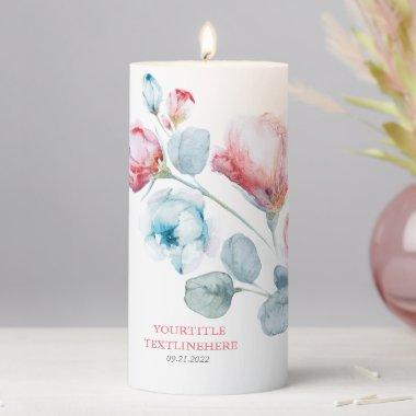 Dusty Blue and Pink Floral Elegant Simple Pillar Candle