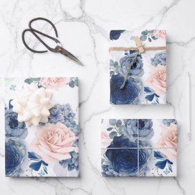 Dusty Blue and Pink Flowers Elegant Botanical Wrapping Paper Sheets