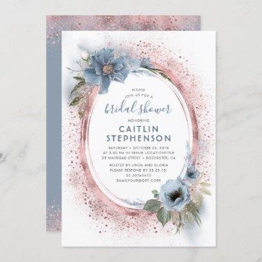 Dusty Blue and Rose Gold Glitter Bridal Shower Invitations