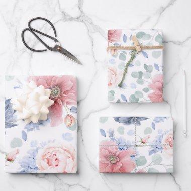 Dusty Blue and Soft Pink Flowers Botanical Pattern Wrapping Paper Sheets