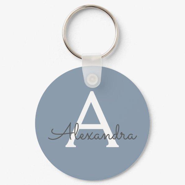 Dusty Blue and White Monogrammed Keychain