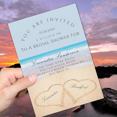 Dusty Blue Beach 2 Hearts in Sand Bridal Shower Invitations