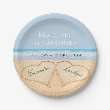 Dusty Blue Beach Wedding 2 Hearts in the Sand Paper Plates