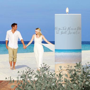 Dusty Blue Beach Wedding 2 Hearts in the Sand Pillar Candle