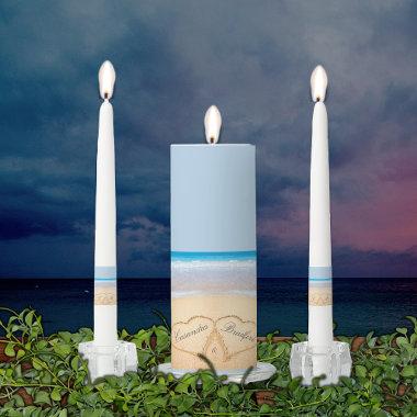 Dusty Blue Beach Wedding 2 Hearts in the Sand  Unity Candle Set