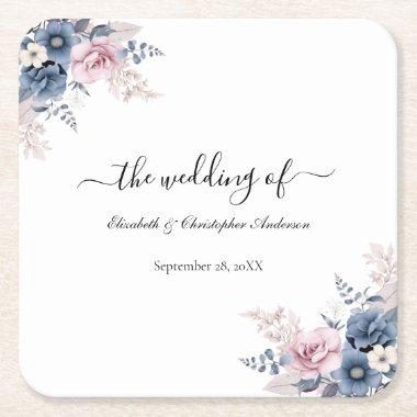 Dusty Blue Blush Pink Floral Botanical Wedding Square Paper Coaster