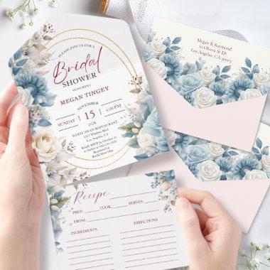 Dusty Blue Blush Pink Floral Bridal Shower All In One Invitations