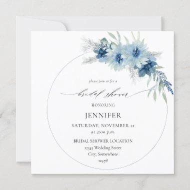 Dusty Blue Boho Floral Ring Bridal Shower Invitations