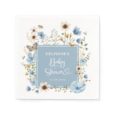 Dusty Blue Boho Wildflower Baby Boy Shower Napkin