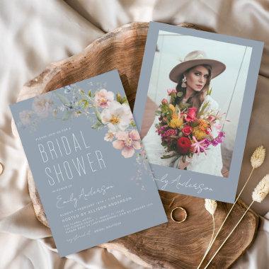 Dusty Blue Boho Wildflower Bridal Shower Photo Invitations