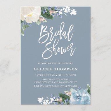 Dusty Blue Botanical Floral Bridal Shower Invitations