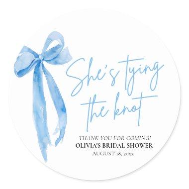 Dusty Blue Bow She's Tying the Knot  Classic Round Sticker
