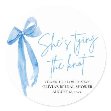 Dusty Blue Bow She's Tying the Knot  Classic Round Sticker