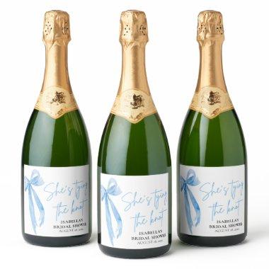 Dusty Blue Bow She's Tying the Knot  Sparkling Wine Label