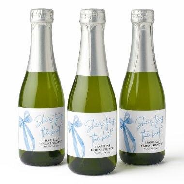 Dusty Blue Bow She's Tying the Knot  Sparkling Wine Label