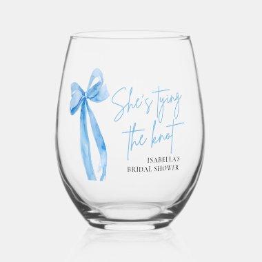 Dusty Blue Bow She's Tying the Knot  Stemless Wine Glass