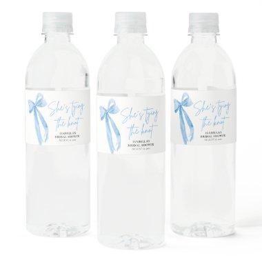 Dusty Blue Bow She's Tying the Knot  Water Bottle Label