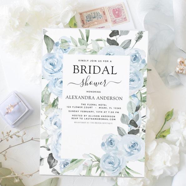 Dusty Blue Bridal Shower Floral Greenery Invitations