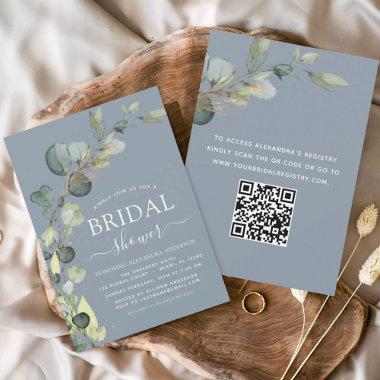 Dusty Blue Bridal Shower QR Code Eucalyptus Invitations