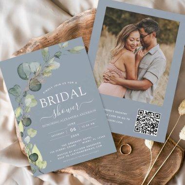 Dusty Blue Bridal Shower QR Code Photo Eucalyptus Invitations