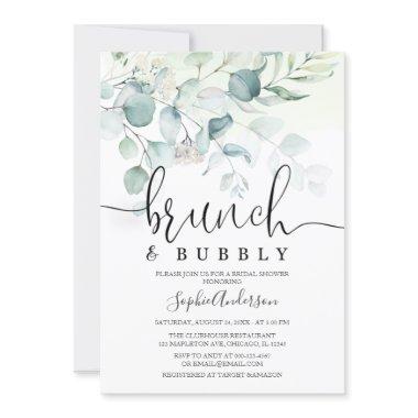 Dusty Blue Brunch & Bubbly Greenery Bridal Shower Invitations