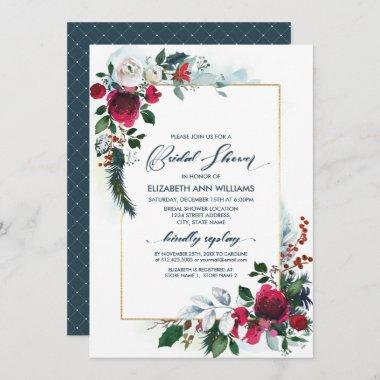 Dusty Blue Burgundy Bloom Geometric Bridal Shower Invitations