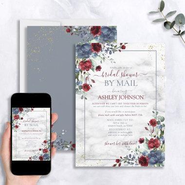 Dusty Blue Burgundy Floral Bridal Shower by Mail Invitations